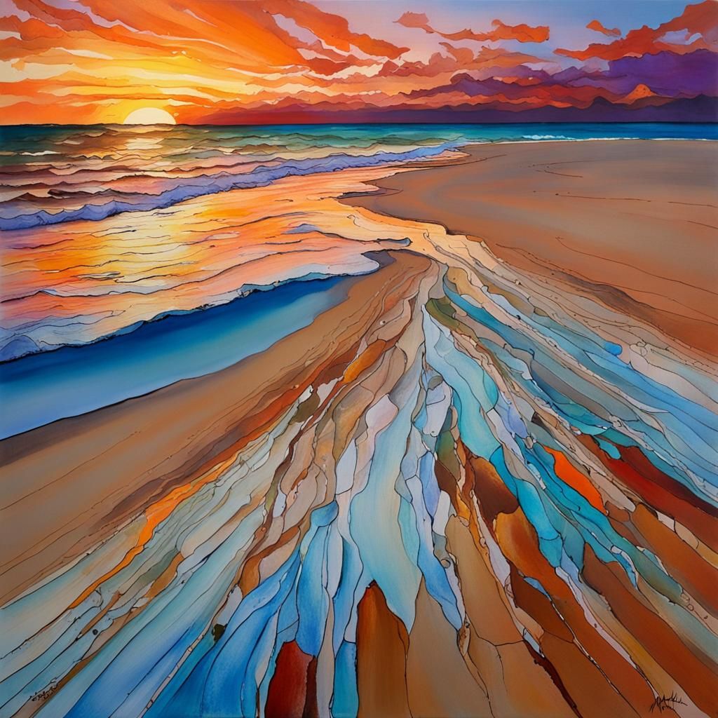 Ningaloo Coast Sunset in Alcohol Ink Style