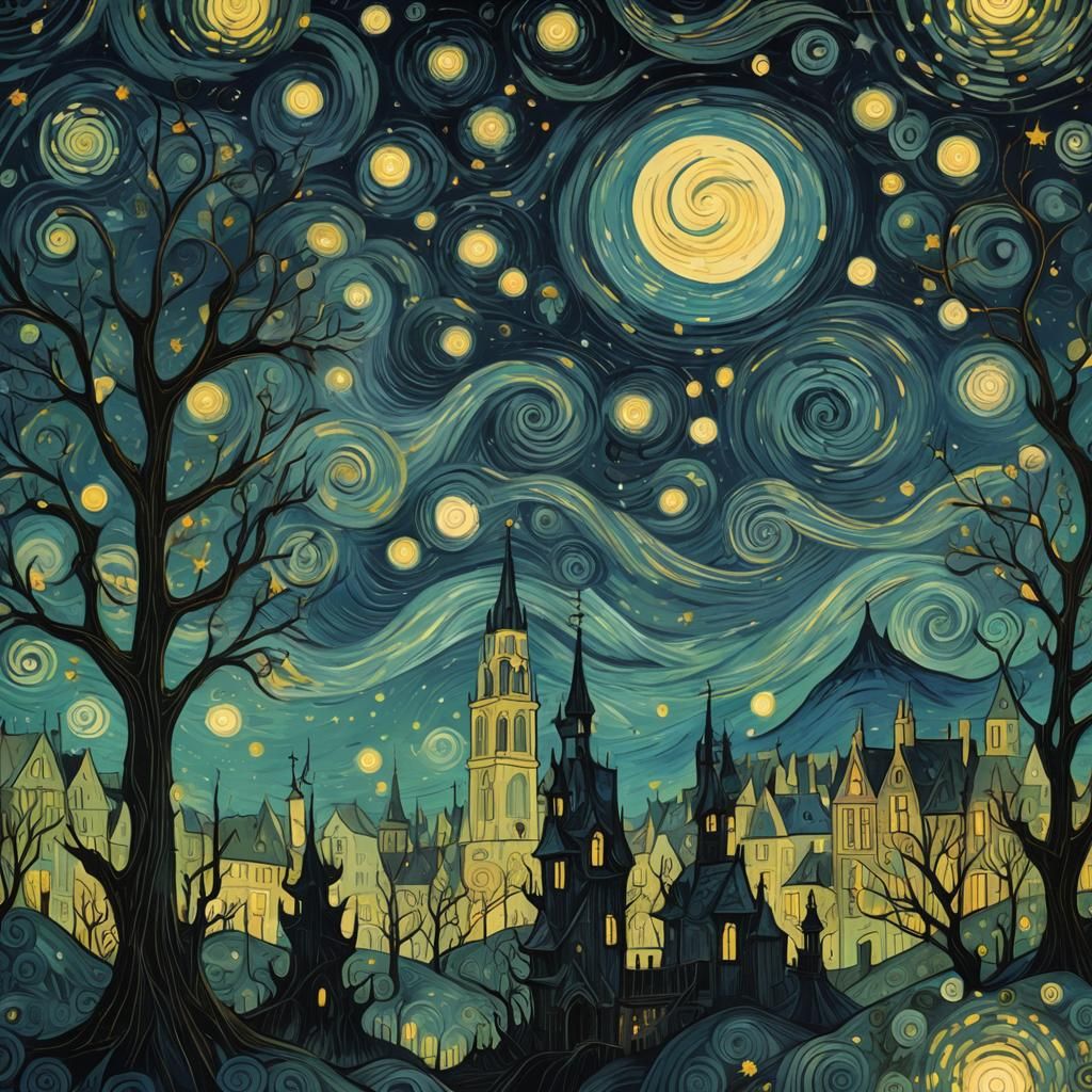Starry Night: Tim Burton-esque Digital Art