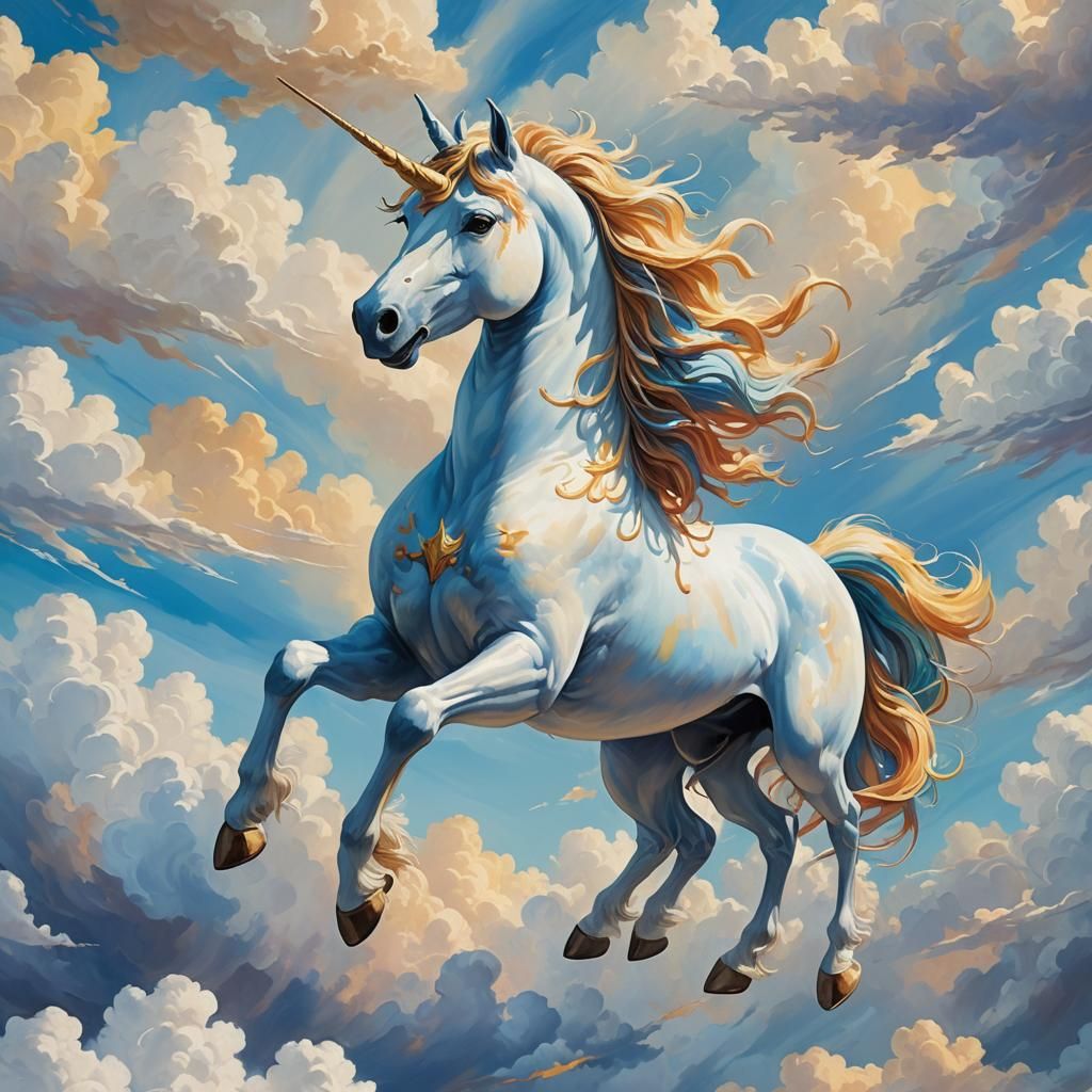 Blue Unicorn Soaring: Whimsical Oil Painting
