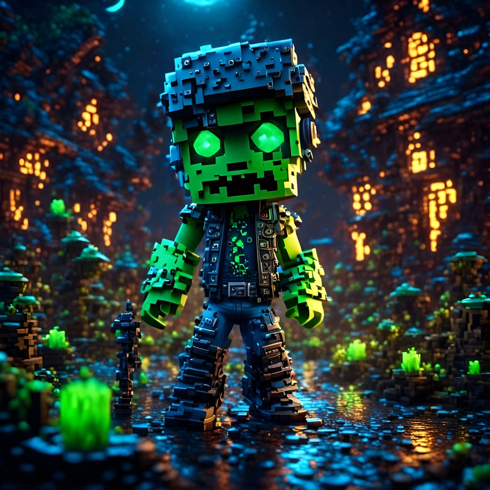 Chibi Minecraft Zombie on Cosmic Moonlit Night