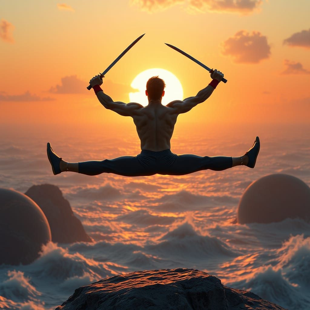 Ethereal Sunset Warrior Stretches Across Two Planets