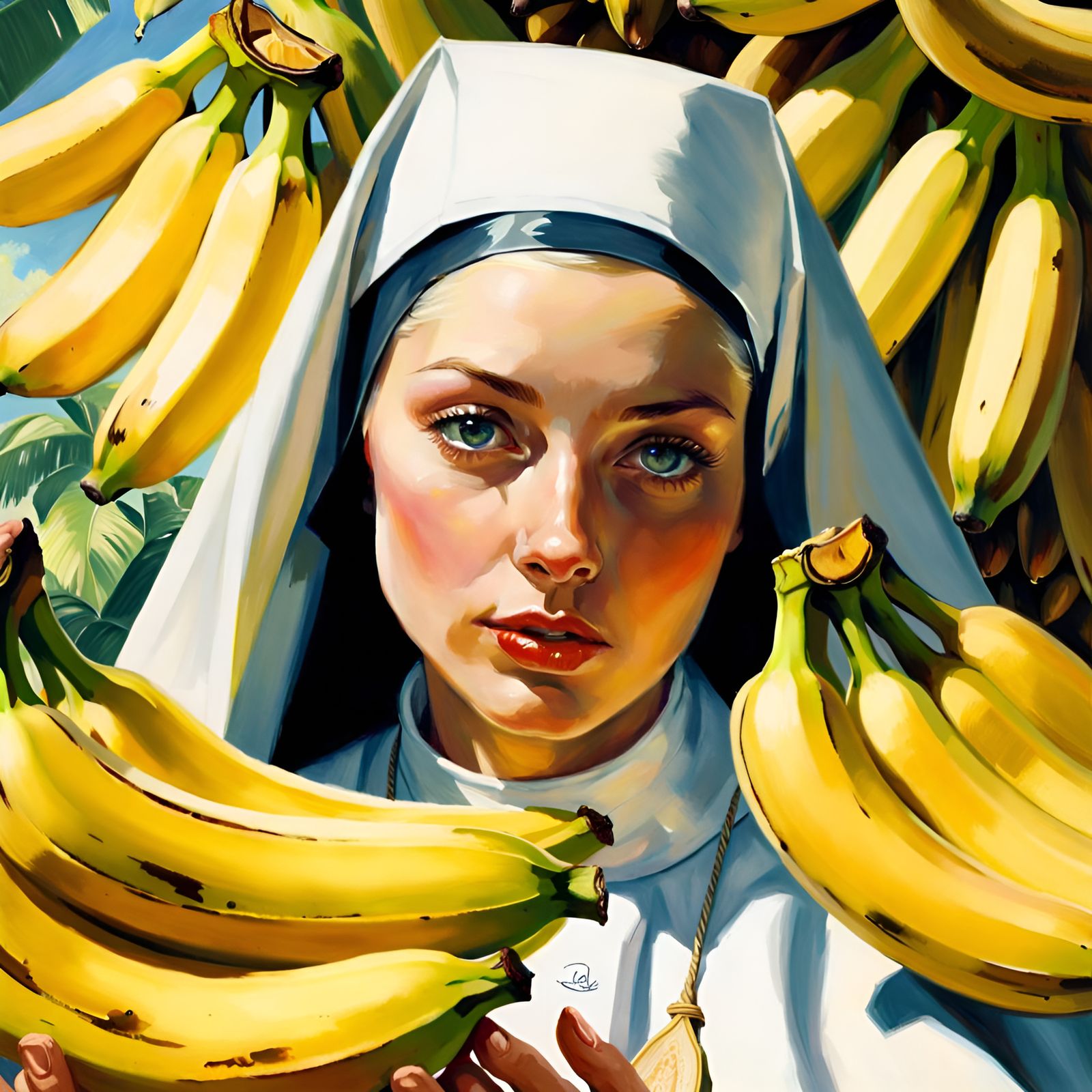 Nun Surrounded by Bananas: Pin-Up Comic Portrait