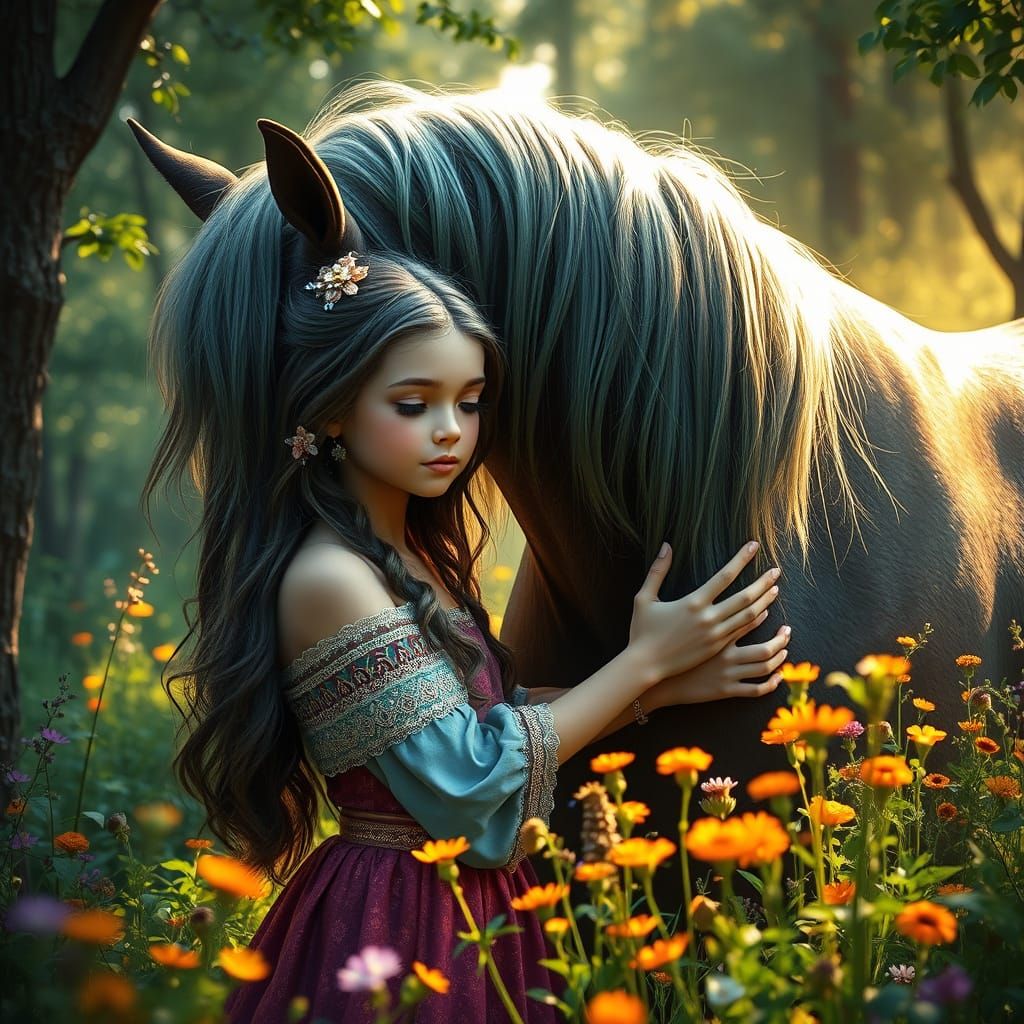 Girl and Horse in Whimsical Forest Scene