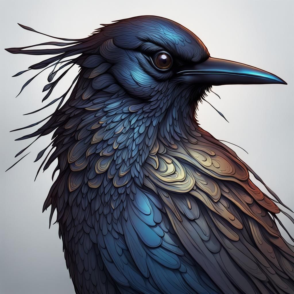 Detailed Line Art Grackle Head in Deep Color
