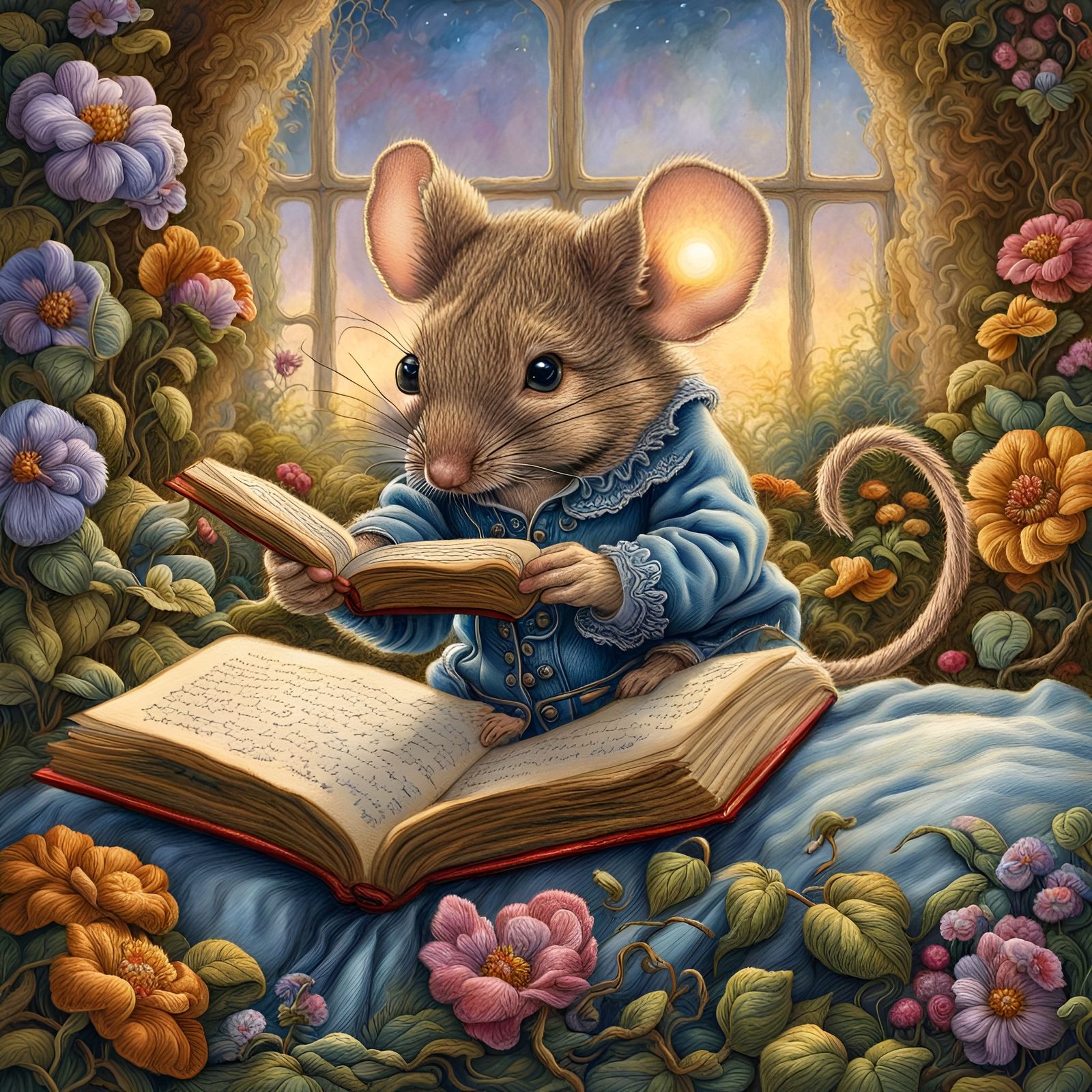 Mouse Reads in Garden, Josephine Wall Embroidery Style