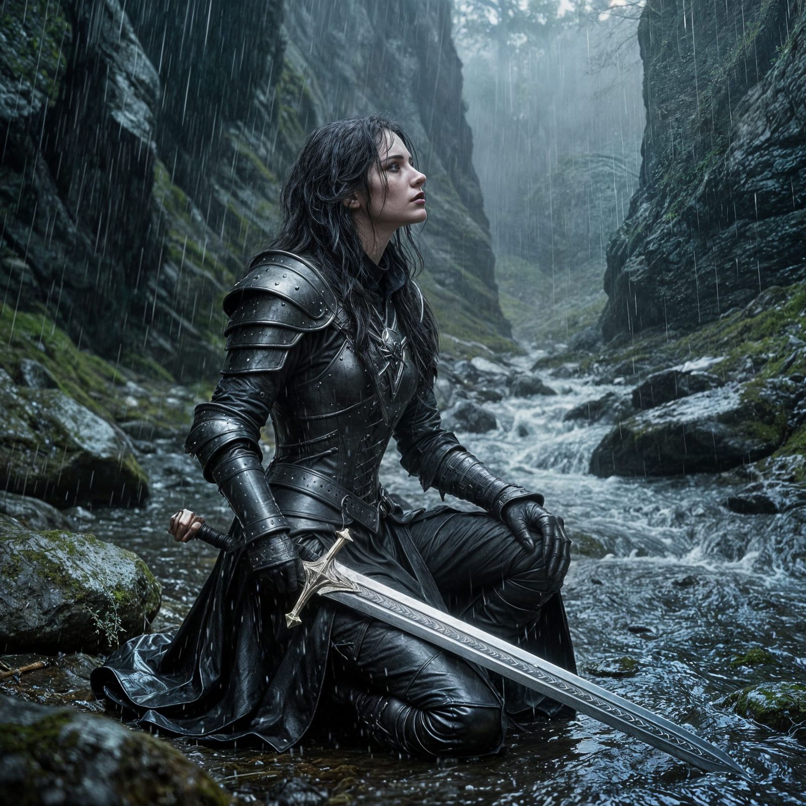 Gothic Woman in Wet Armor by Rocky Stream