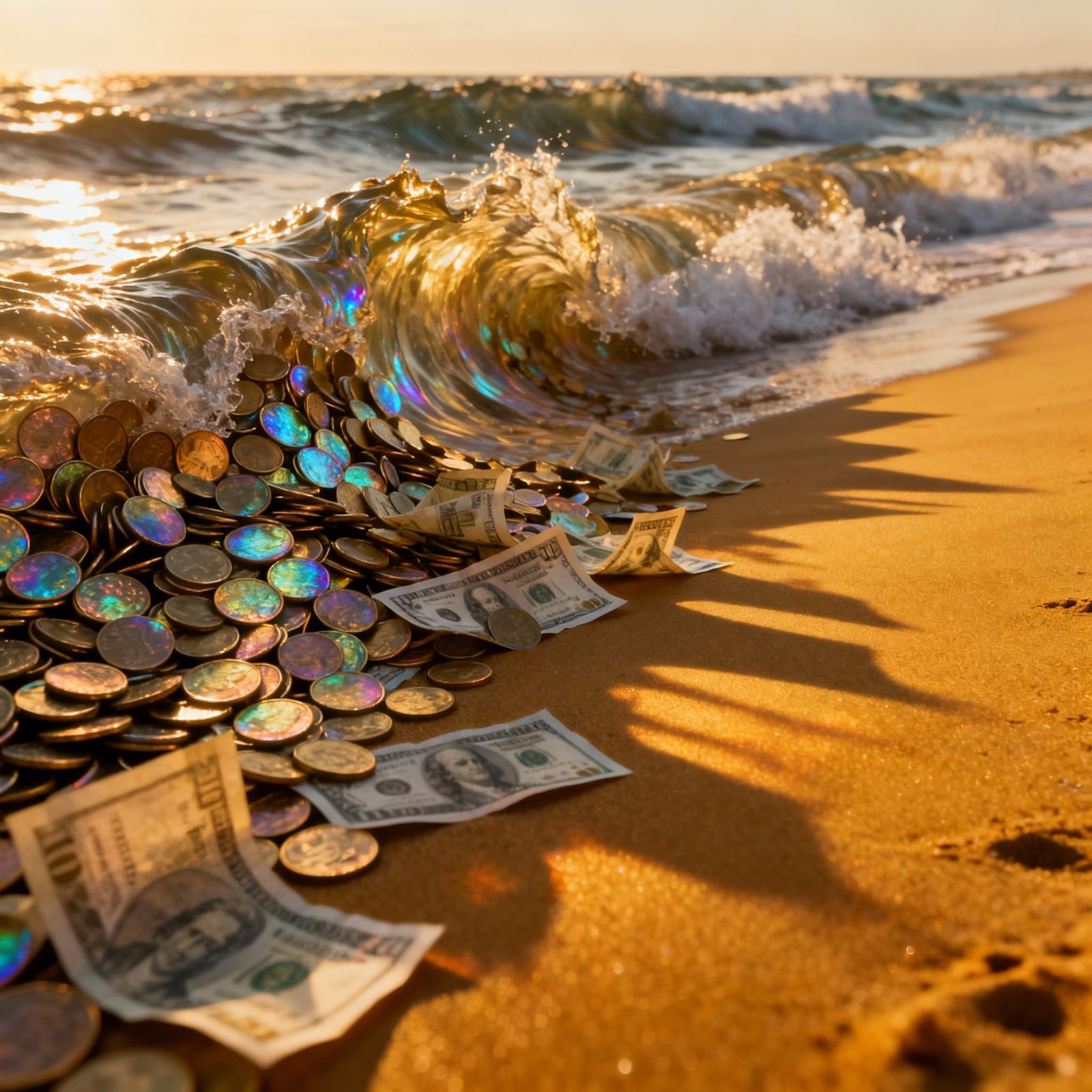 Surreal Ocean of Coins and Banknotes in Golden Hour Light