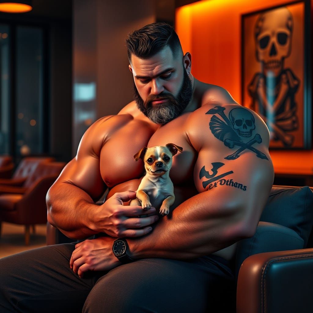 Muscular Gentleman and Adorable Companion in Modern Lounge