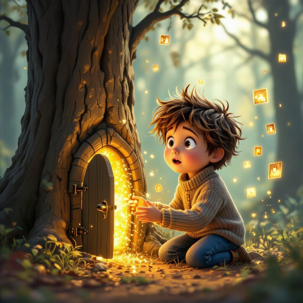 Boy Discovering Magical Door in Enchanted Forest