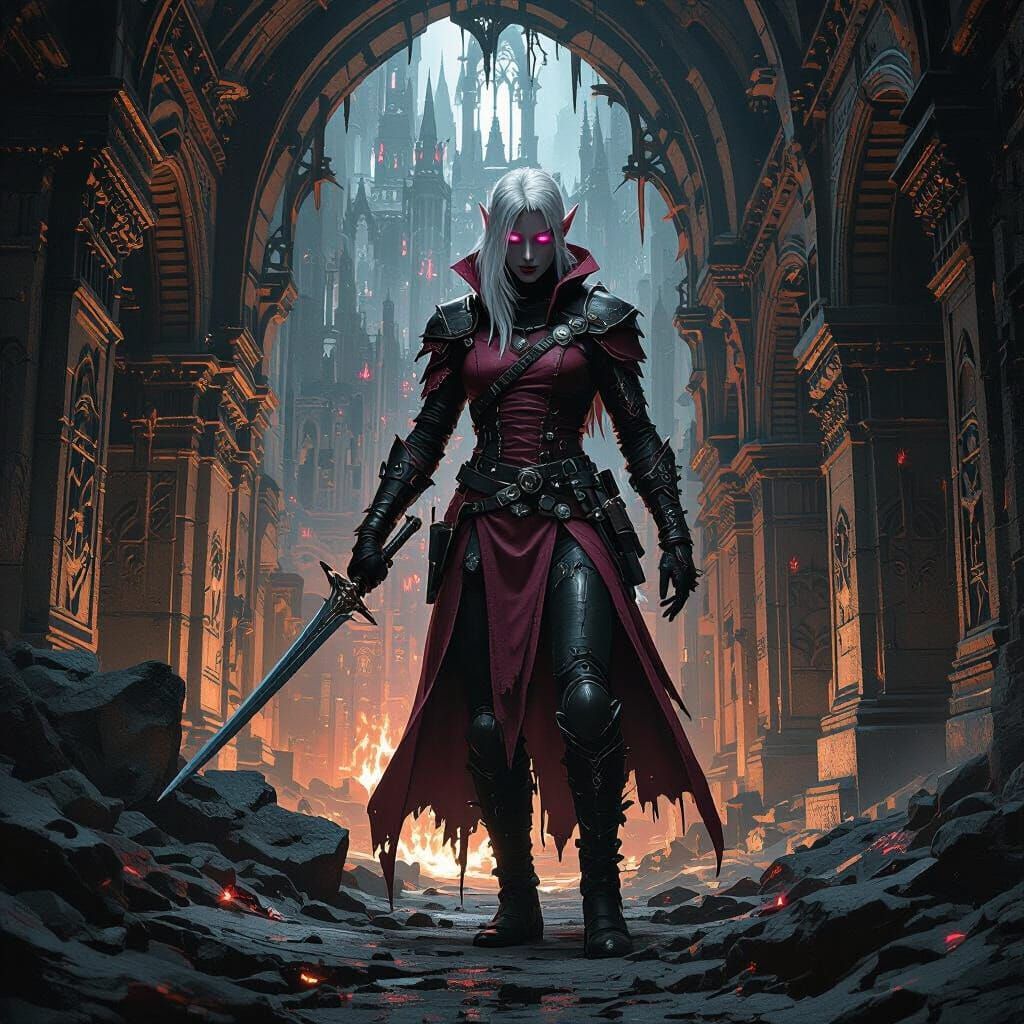 Drow Elf Lost in Gothic Underground City
