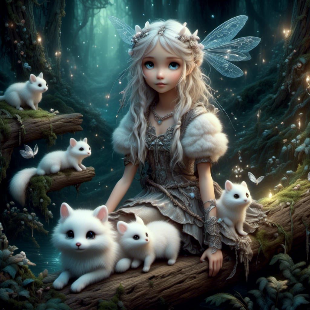 Girl with Ermine in Magical Forest, Ink Portrait