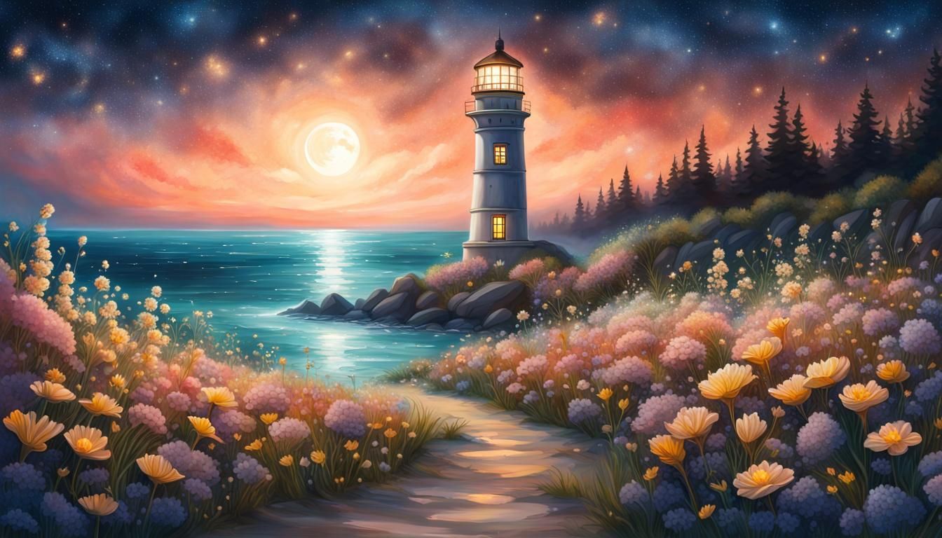 Magical Lighthouse in Moonlit Flower Field Painting