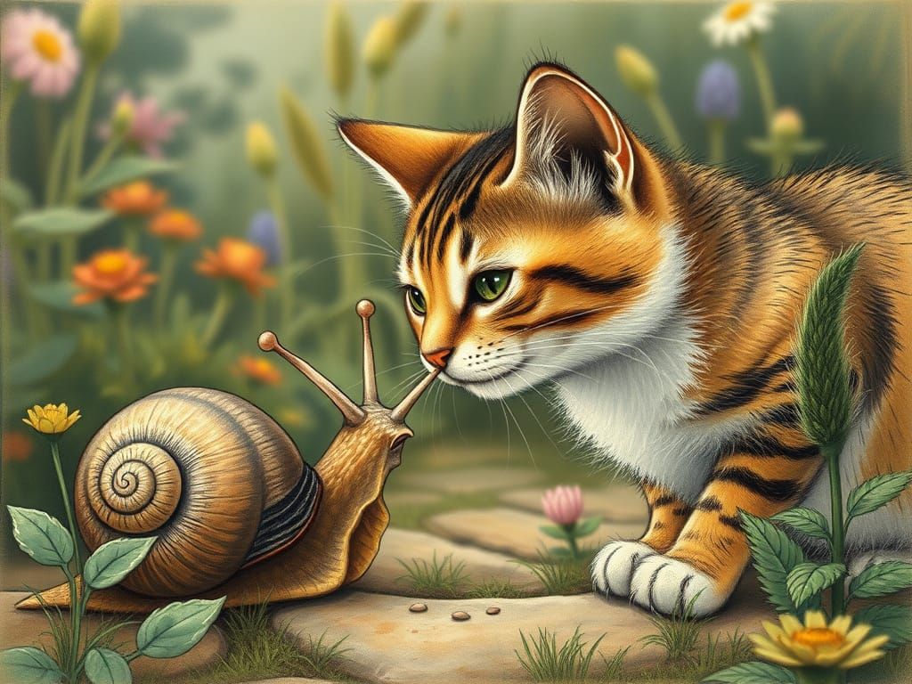Curious Cat Sniffs Snail in Garden Illustration