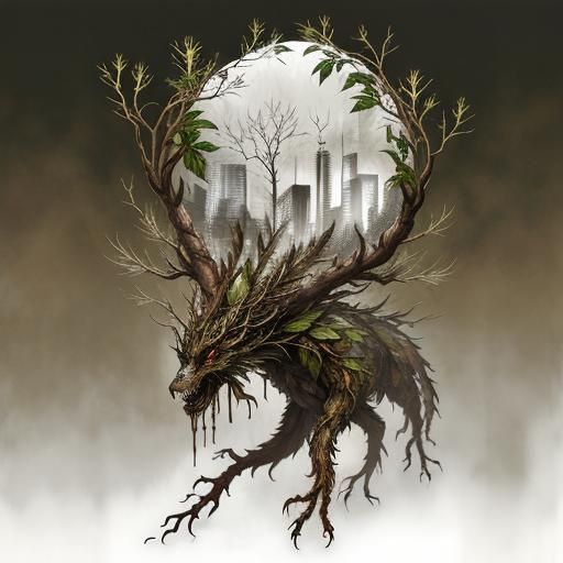 Double Exposure Creature in Steampunk Cityscape