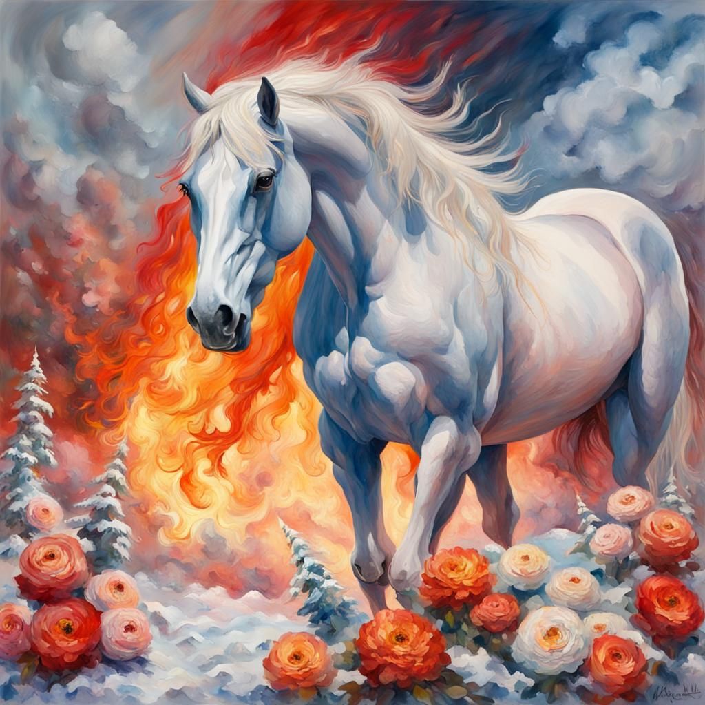 Majestic Horse Surrounded by Flowers, Ice and Fire