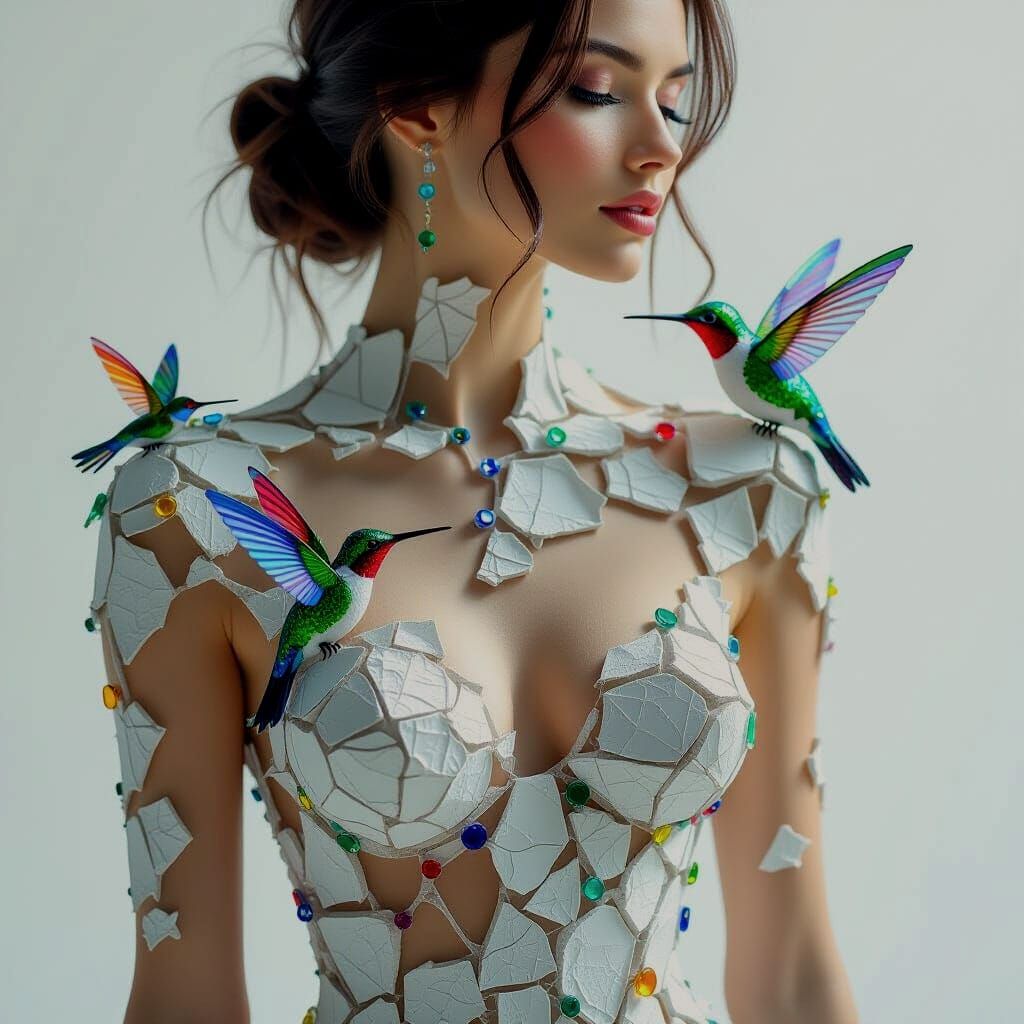 Woman Formed of Cracking Plaster and Vibrant Glass