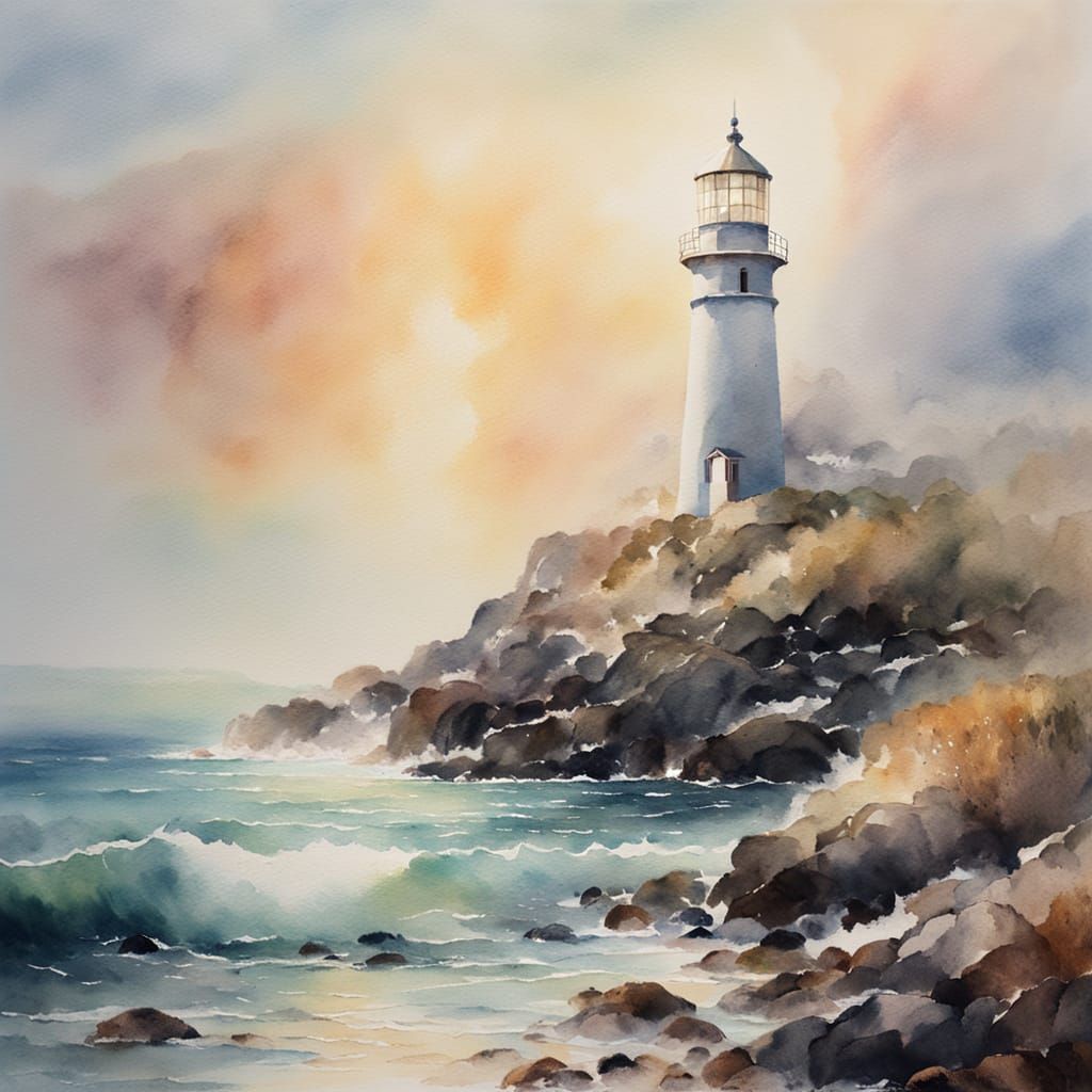 Lighthouse on Rocky Coast in Watercolor Impressionism