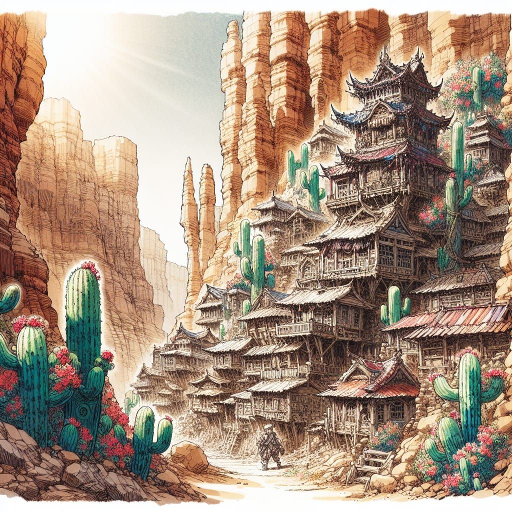 Desert Canyon Village: A Fusion of Fantasy and Anime