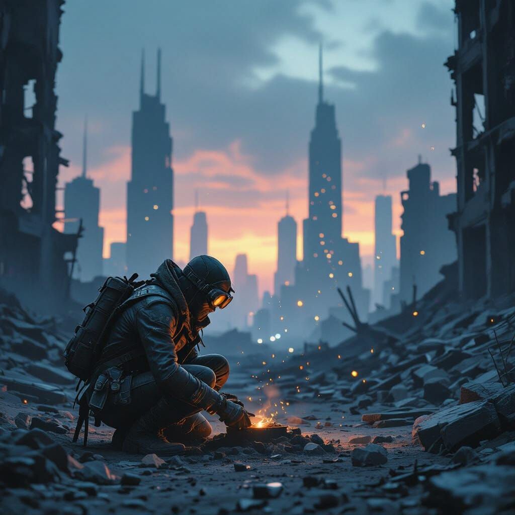 Scavenger in Ruined City Under Twilight Sky