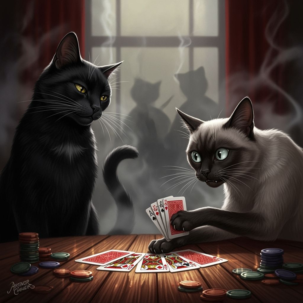 Cats Play Poker in Moody Illustrative Style