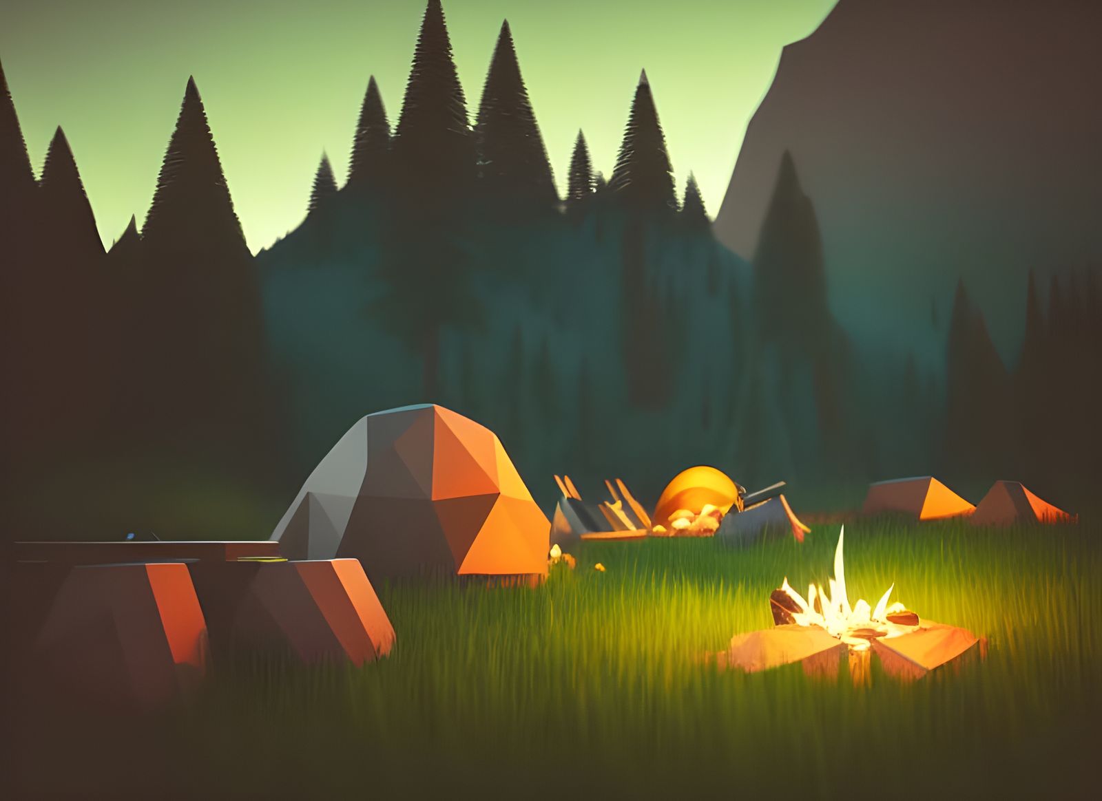Mountain Campsite with Firepit in Low Poly Style