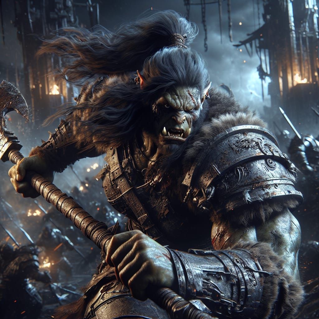 Hyperrealistic Orc Warrior Mid-Battle Power Attack