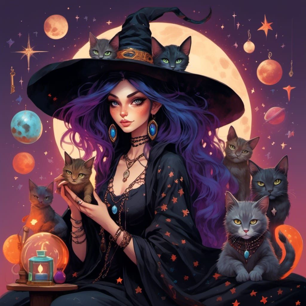 Celestial Witch Surrounded by Cats in Magic Shop