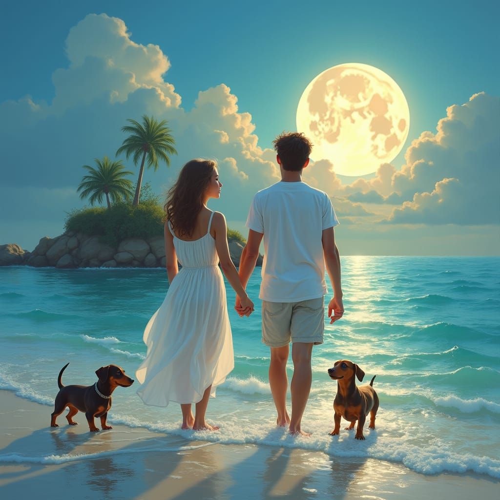 Family Gazing at Moon in Romantic Realism Style