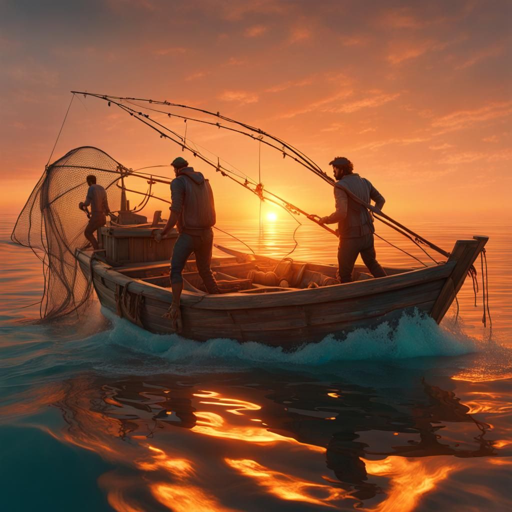 Greek Fishing Boat at Orange Sunrise, Detailed Concept Art