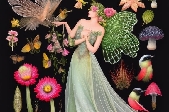 Detailed Color Illustration of a Fairy with Birds