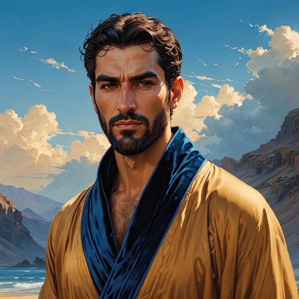 Handsome Bearded Man in Velvet Bathrobe Portrait