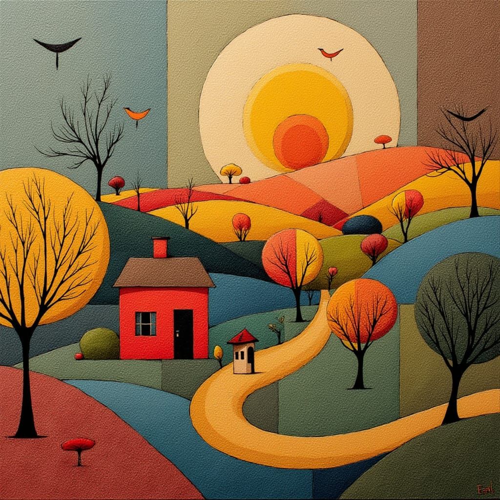 Whimsical Folk Art Village Scene with Abstract Elements