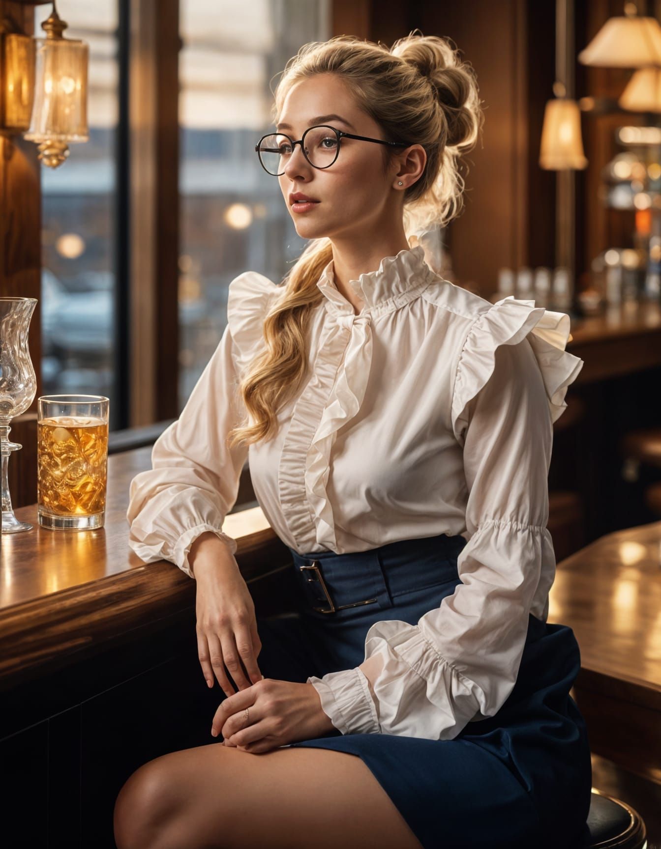 Blonde Woman in Rococo Style at Hotel Bar