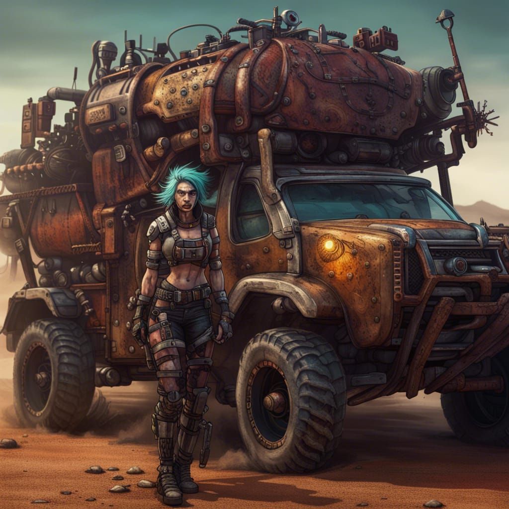 Cyberpunk Orc on Mad Max Truck, Digital Art