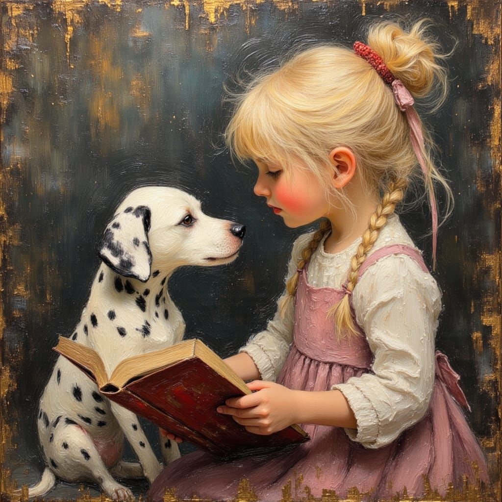 Girl Reading to Dalmatian as Impasto Oil Painting