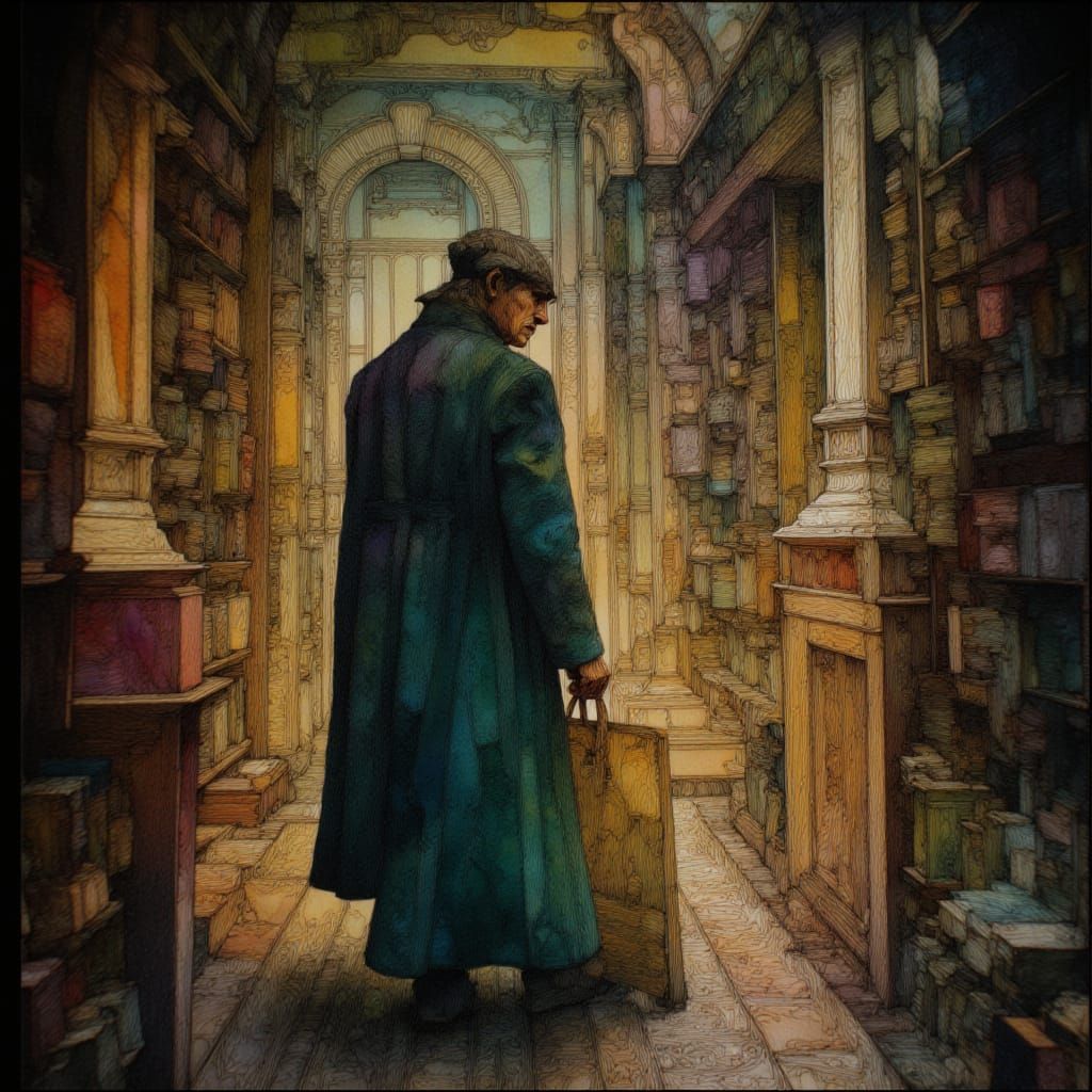 Magician's Apprentice in Mystical Library, Art Nouveau Style