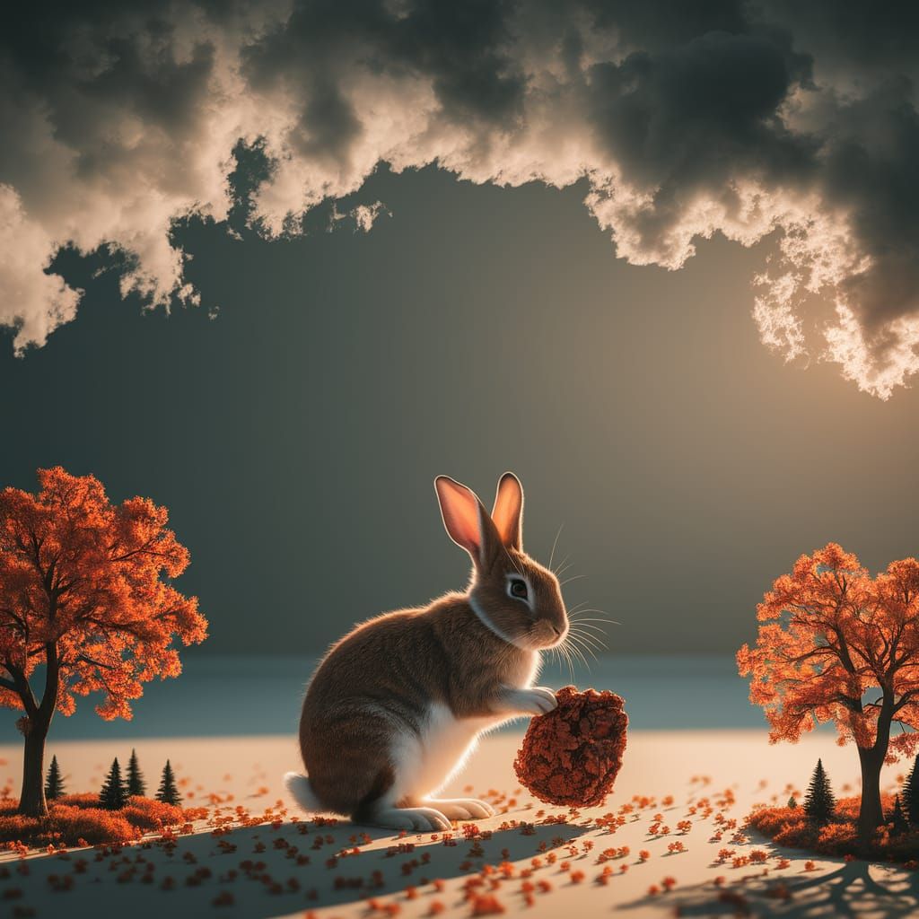 Rabbit Compacting Unseen Object Under Gray Sky, Autumn Lands...