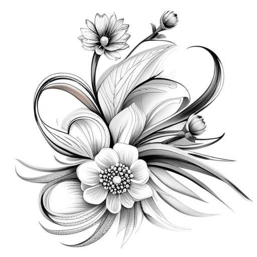 Intricate Black and White Floral Bouquet Illustration