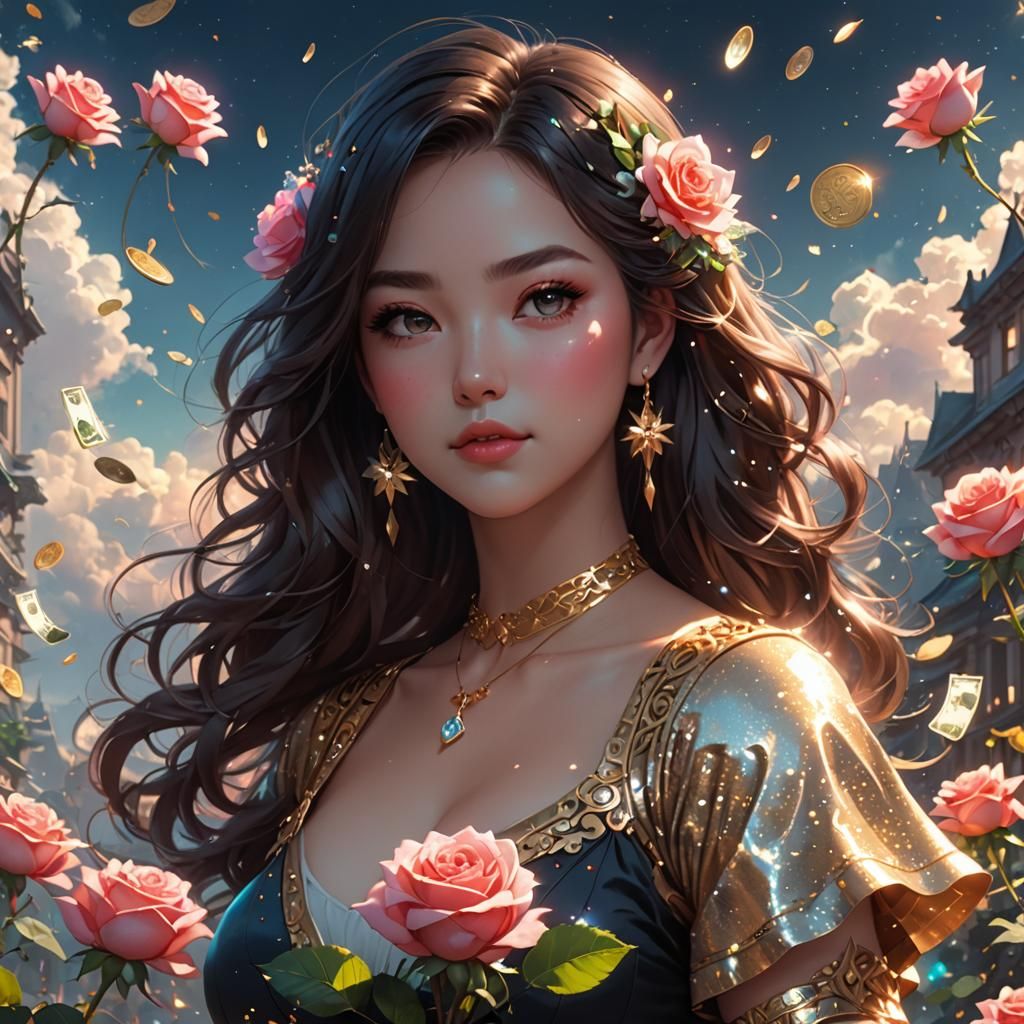 Cute Money Girl Digital Illustration in WLOP Style