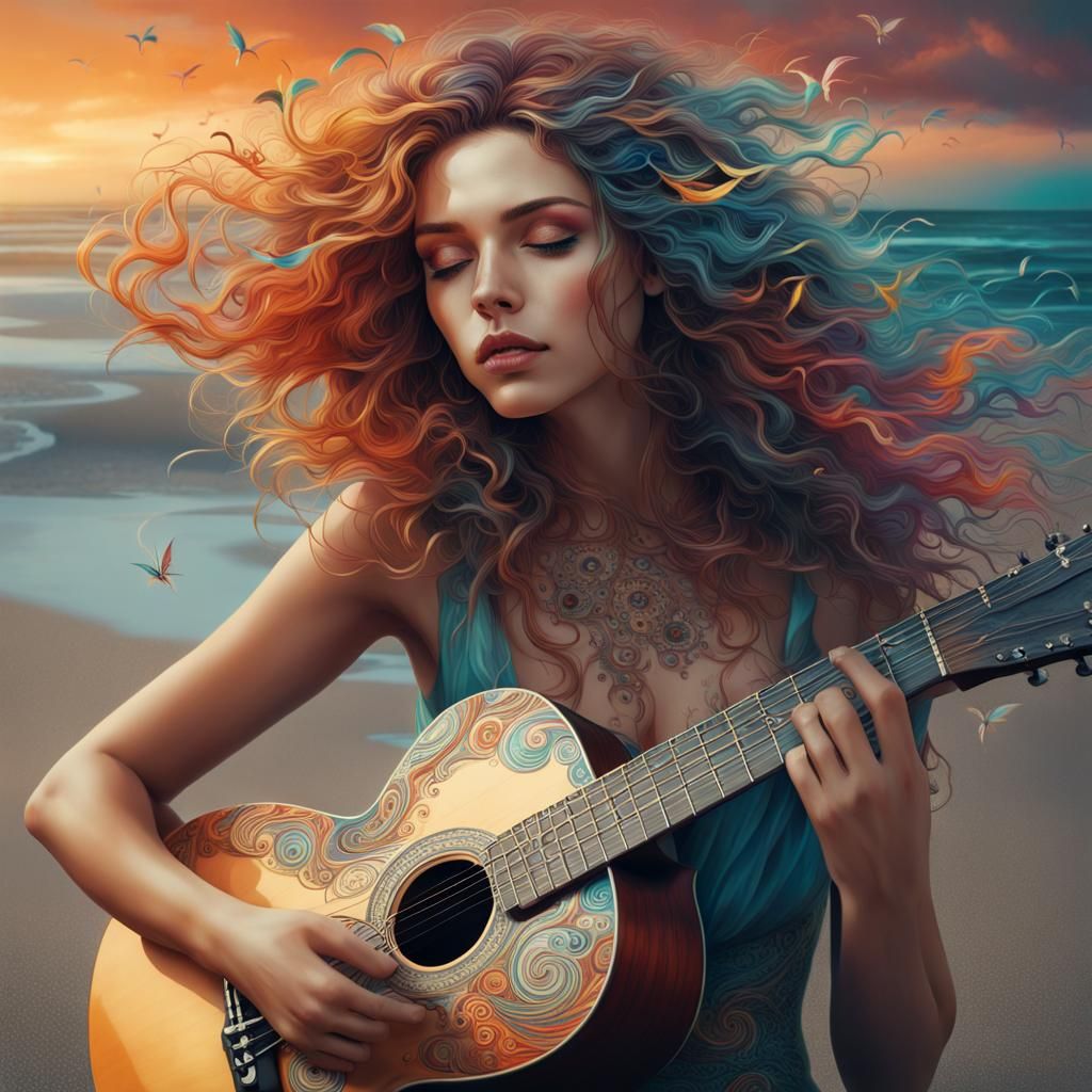 Woman on Beach Playing Guitar in Magic Realism