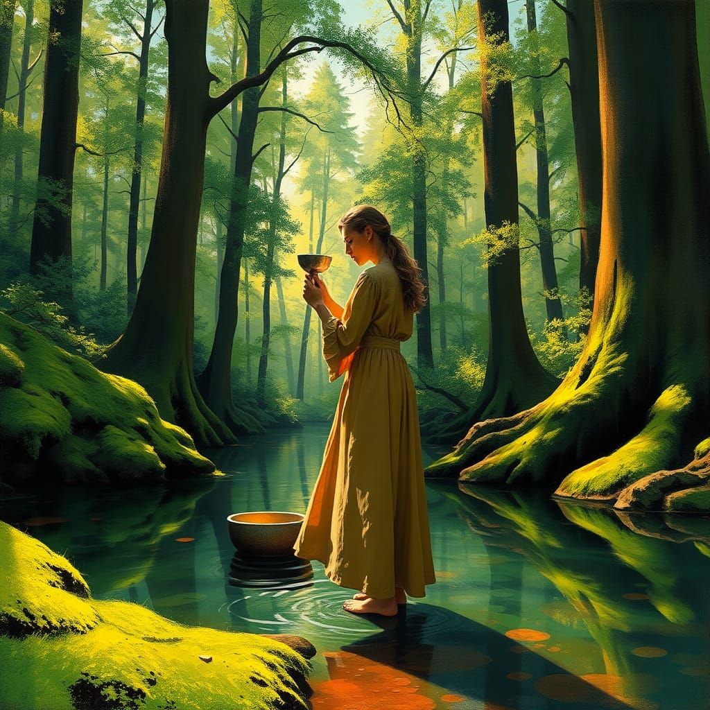 Woman Washing Dishes in Woodland Pond