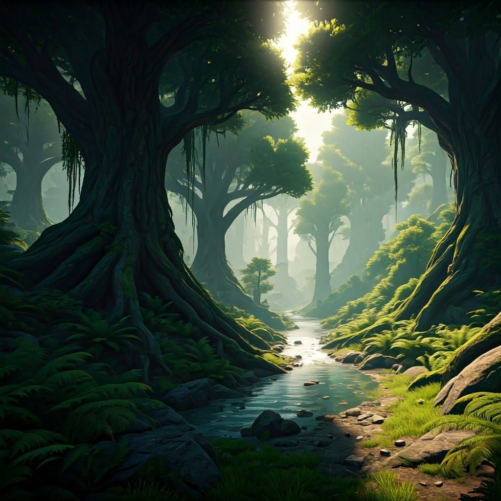 Lush Forest Landscape with Winding River in 3D
