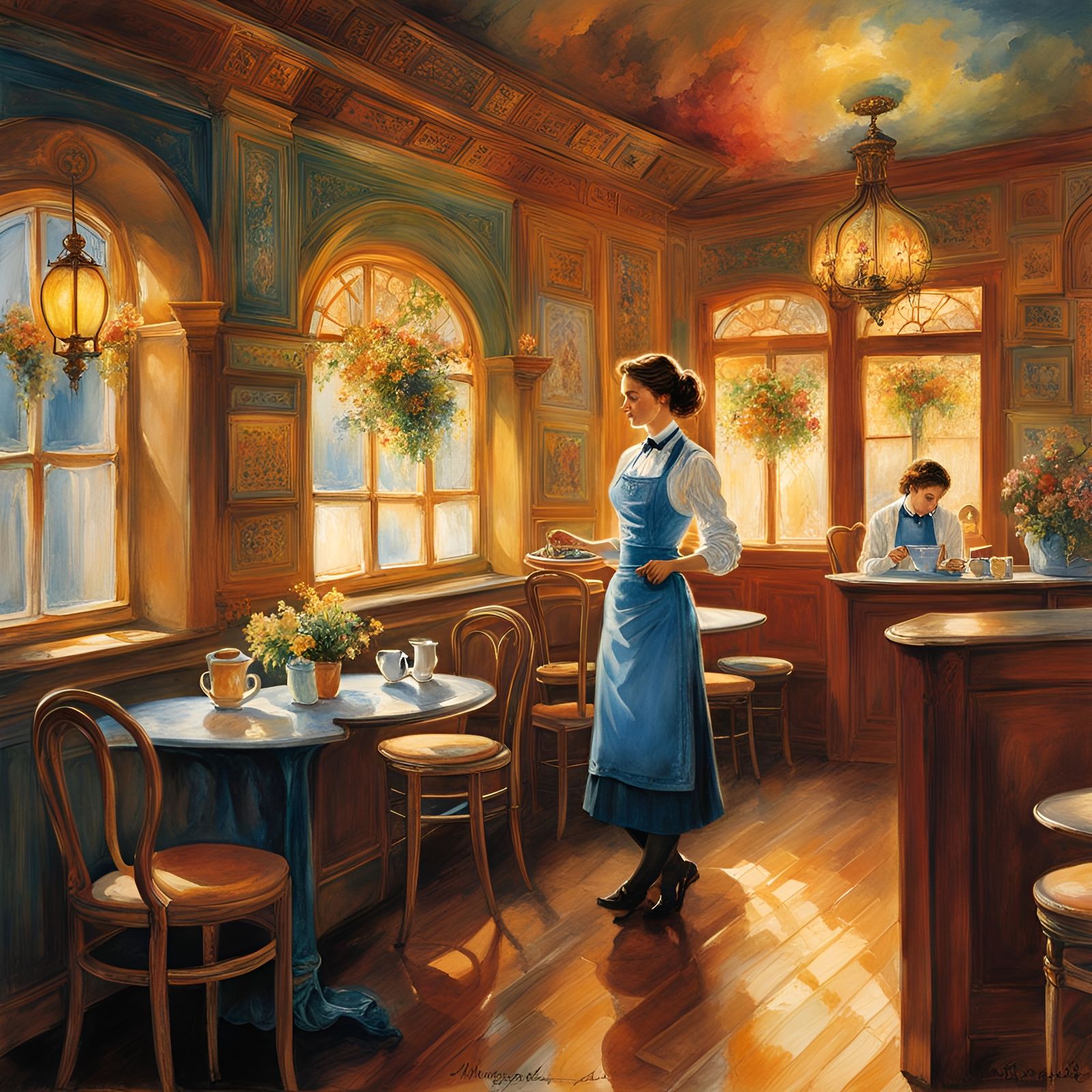 Cafe Waitress in Loose Watercolor Style