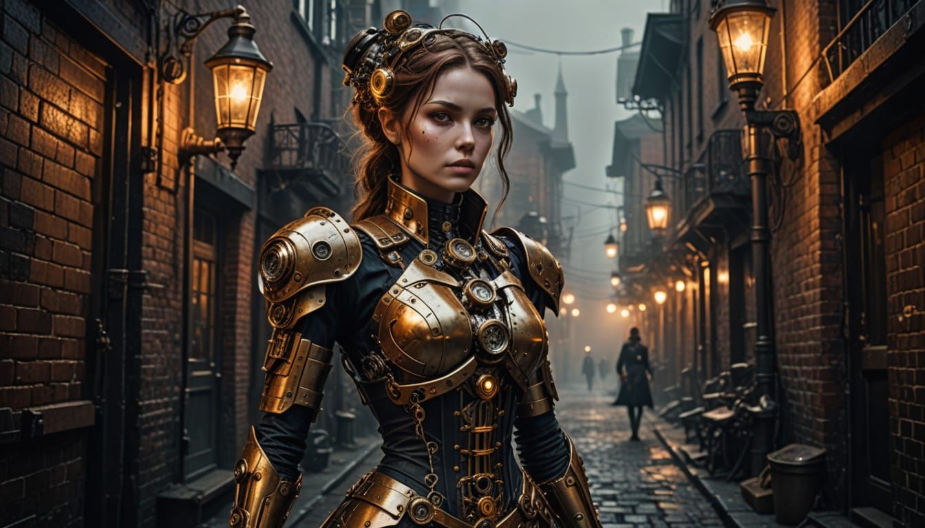 Steampunk Fantasy Art: Intricate Female Automaton in a Foggy...