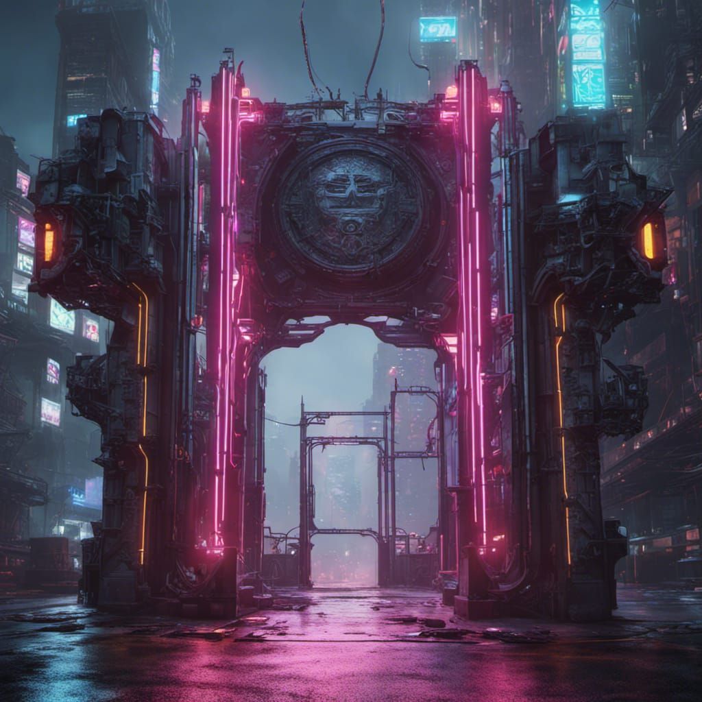 Cyberpunk Metal Gates in Neon Light, Unreal Engine