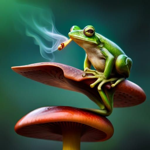 Frog Smoking Pipe on Mushroom, Hyperrealistic Image