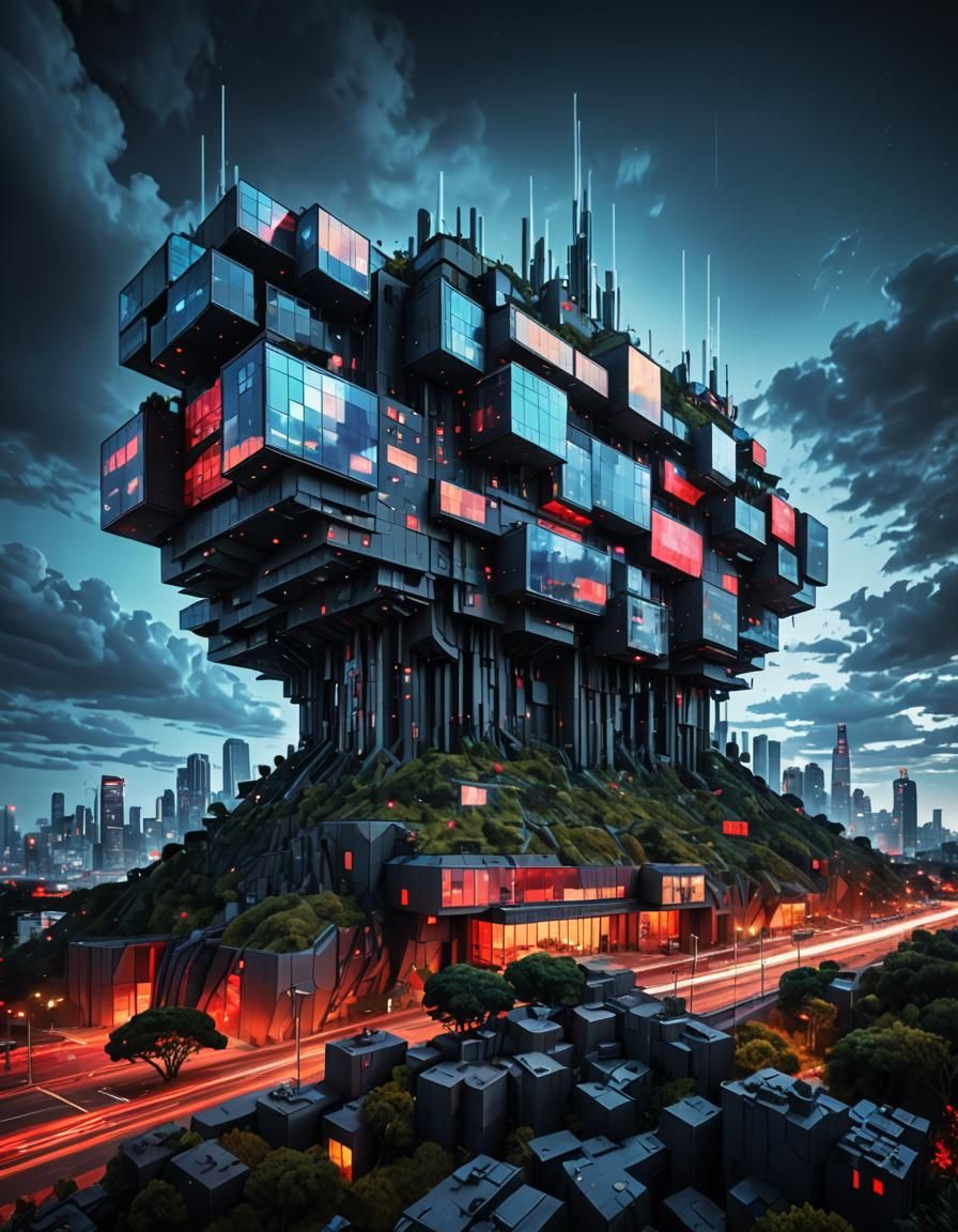 Pixelated Neo-Futuristic Landscape in Maximalist Style