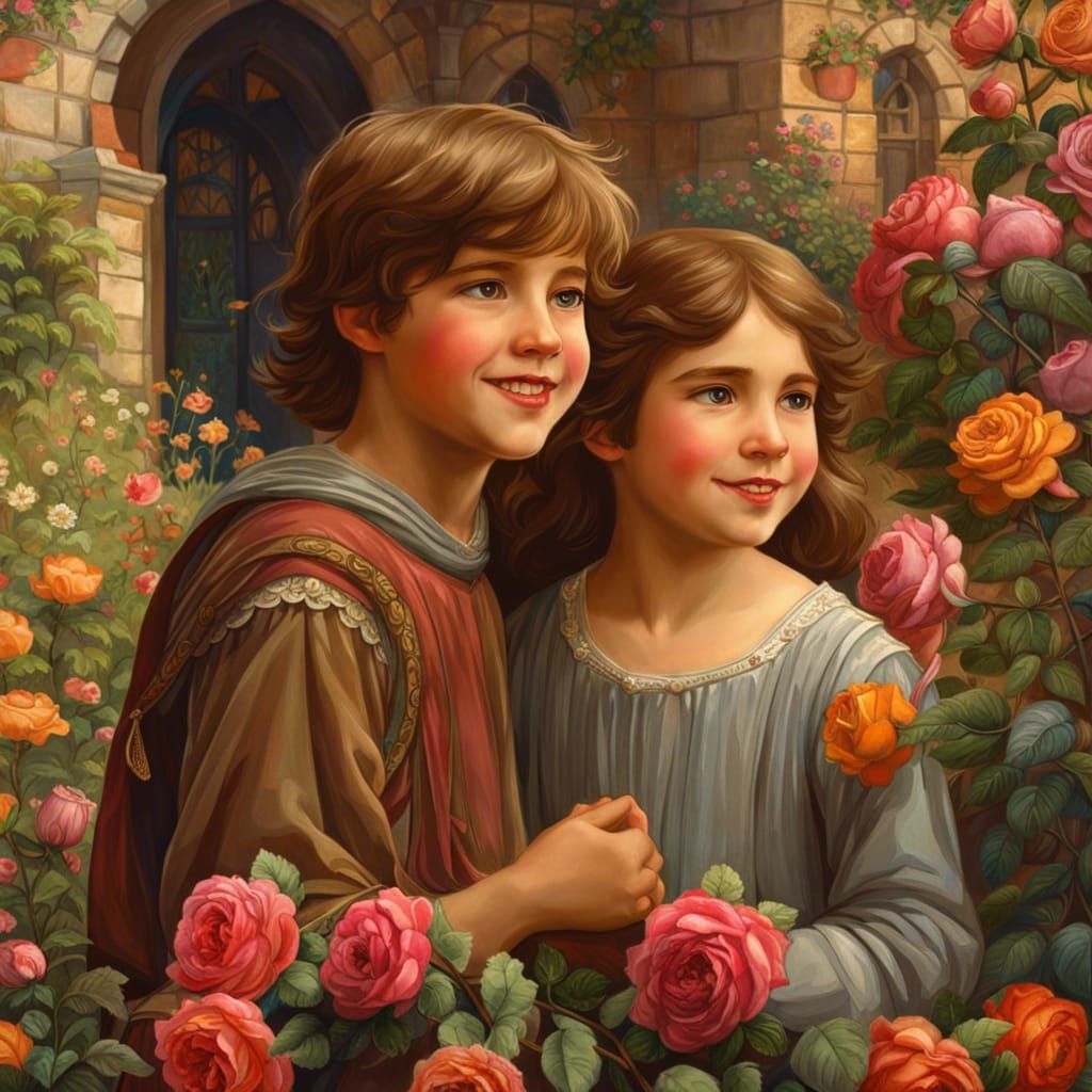 Medieval Siblings in Rose Garden, Waterhouse Style