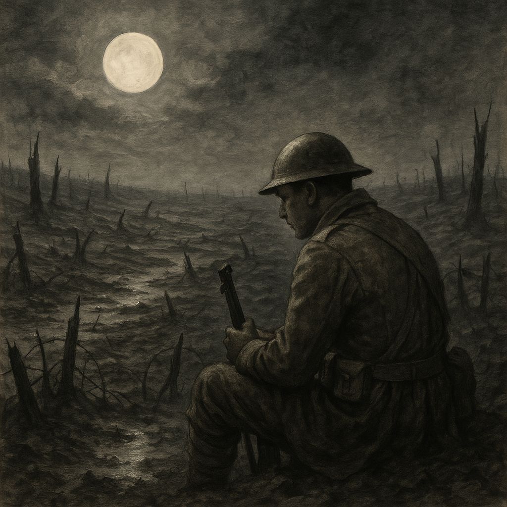 Private Ponders War's Futility on Moonlit Battlefield