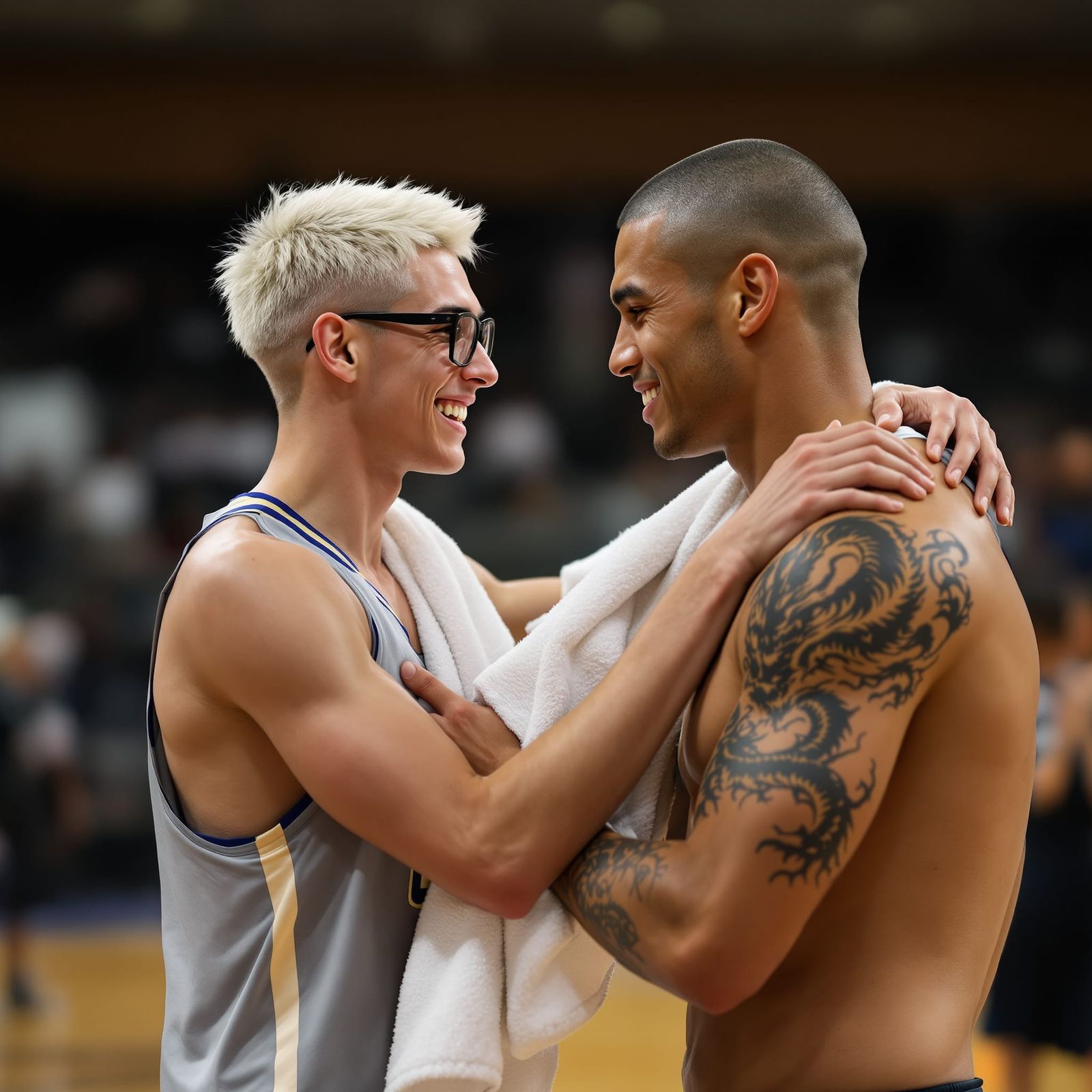 Couple Sharing Towel After Game, Photorealistic